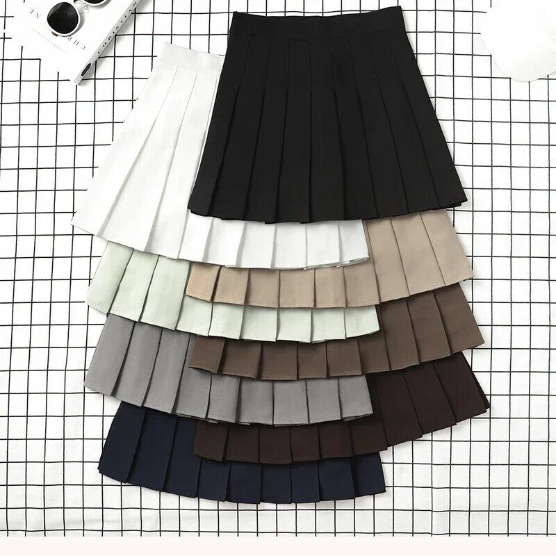Mini saia plissada de cintura alta feminina, uniforme escolar feminino, estilo coreano, Harajuku, marrom, preto, roupas de verão, 2022