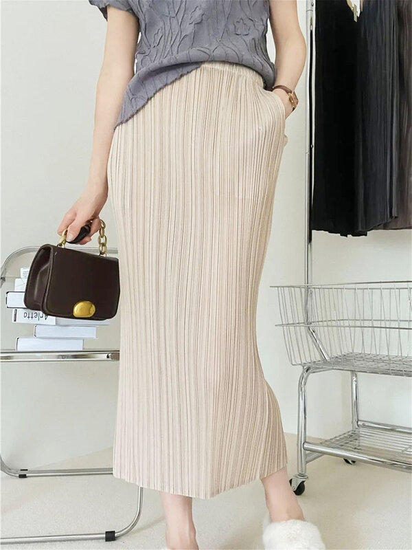 Плиссированная Женская юбка миаке на весну 2024, корейская мода, стрейчевая классическая юбка-трапеция до озера, прямые длинные юбки в повседневном стиле