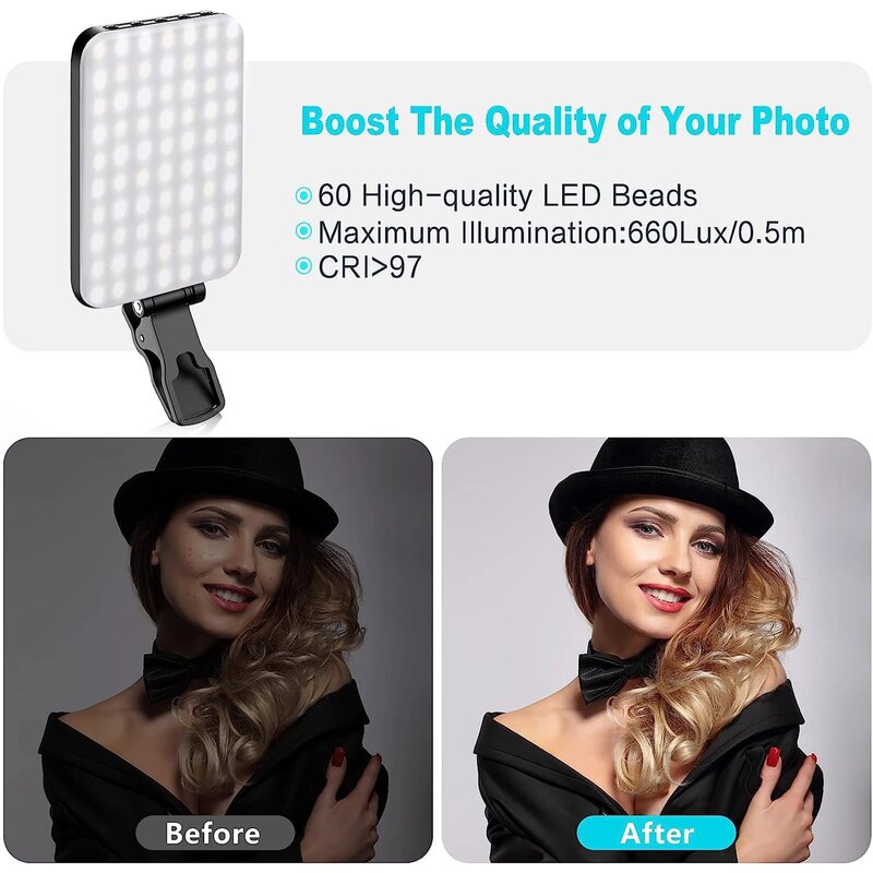 LED 셀카 조명, 휴대폰 태블릿 노트북 틱톡용 휴대용 클립 온 라이트, 충전식 CRI 97 +, 7 가지 조명 모드, 60 LED 비즈, 2200mAh