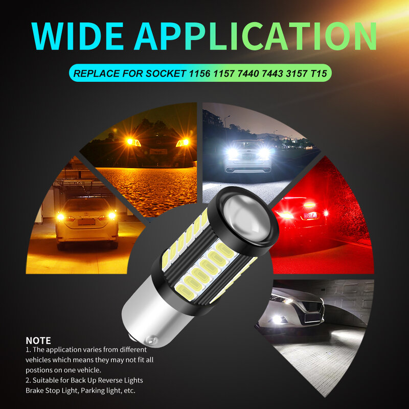 LED carro cauda lâmpada freio reverso DRL luz de sinal, 2X, 1156, BA15S, P21W, 1157, P21, 5W, BAY15D, BAU15S, PY21W, T20, 7443, 7440, 3157, 12V, 24V
