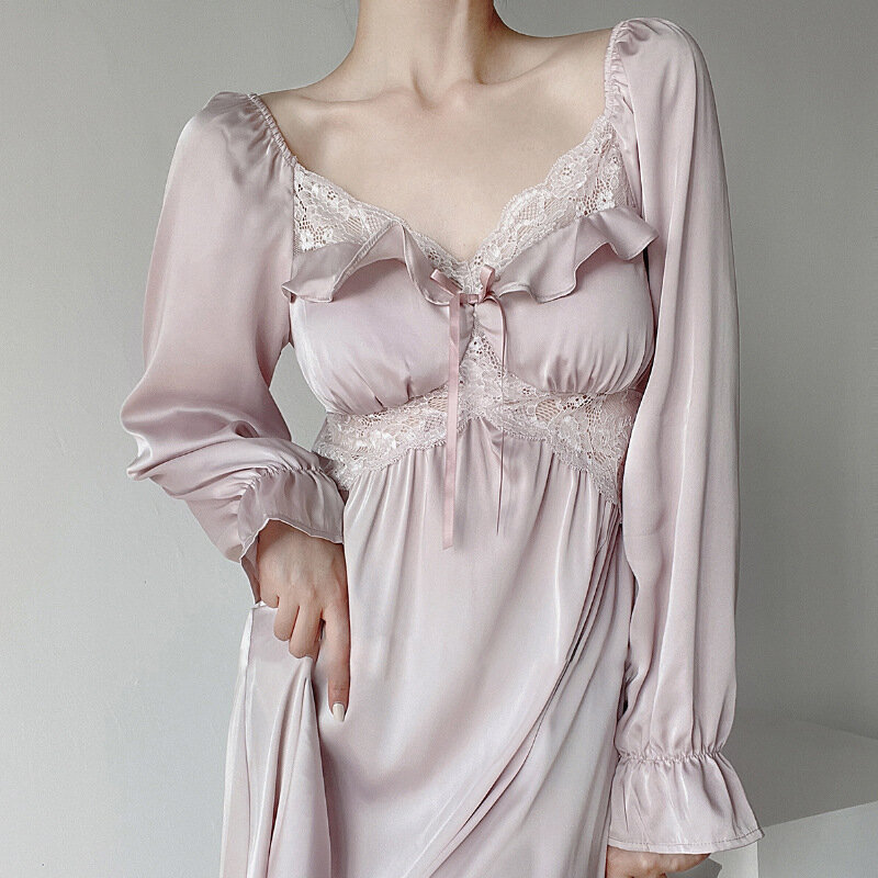 Francuskie nowe wiosenne letnie koszule nocne damskie cienkie lodowy jedwab długa sukienka bajkowa koronkowa seksowna koszula nocna damska bielizna nocna