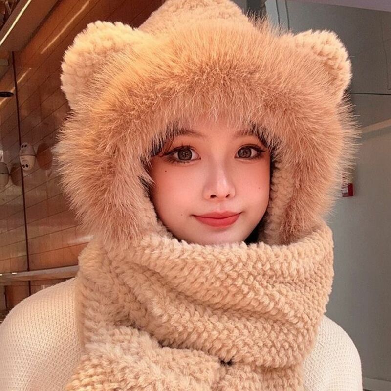 Syal topi beruang kartun, syal berkerudung tahan angin hangat dengan sarung tangan yang dipertebal, topi pelindung telinga musim dingin