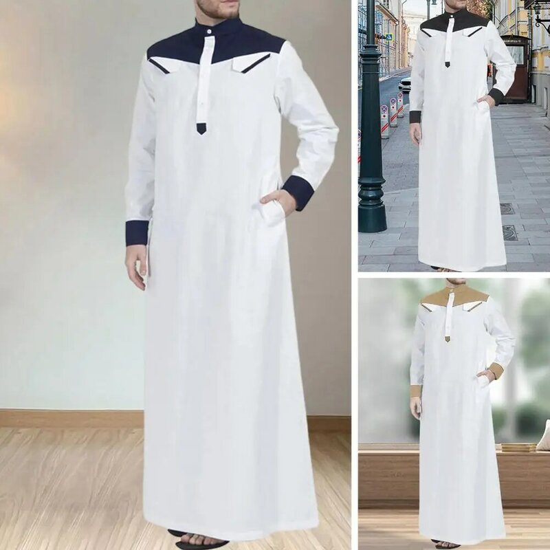 Robe de manga comprida com gola mandarim masculino, cor de contraste, botões, meio suporte, bolsos, ajuste solto, teste tradicional para o Oriente Médio