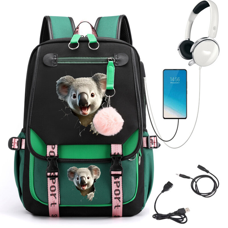 Школьный рюкзак с принтом Koala, милый школьный ранец для студентов и подростков, сумка с Usb-разъемом для книг, аниме рюкзак для ноутбука для подростков