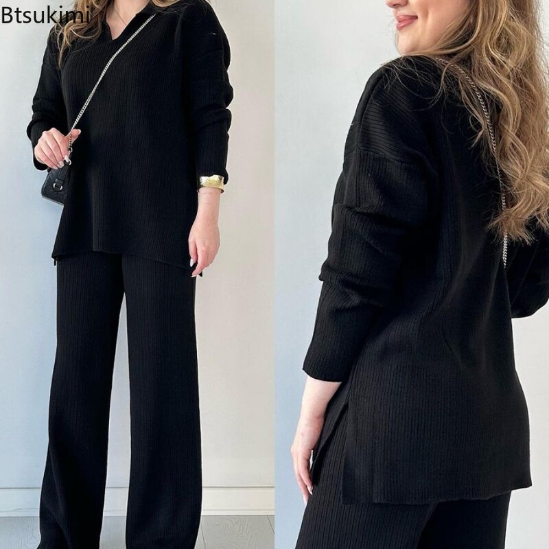 2024 Women's Knitted Pullover Suit Sets 2PCS Solid V Neck Split Loose Female Pants Set Wide Leg Pants High Waist Matching Sets
