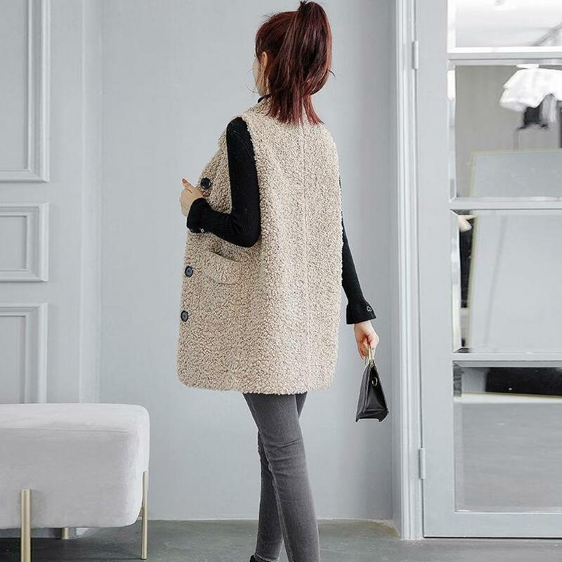 Colete de lã sem mangas feminino, casaco médio com bolsos de lapela, grosso para senhoras, outono e inverno térmico