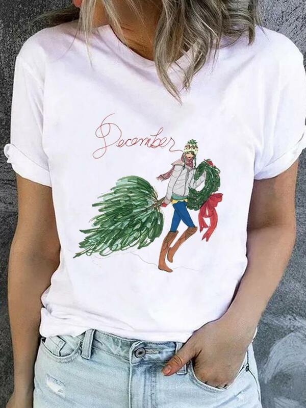 Christmas Deer Face Lovely Trend Clothes Fashion New Year Short Sleeve Print T Top Basic Women Tee Clothing Graphic T-shirts