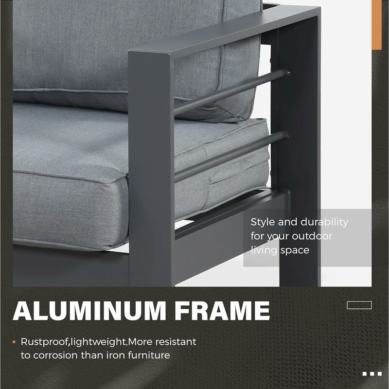 Set furnitur aluminium luar ruangan, 4 buah Set Sofa obrolan teras dengan kaca Tempered, meja kopi