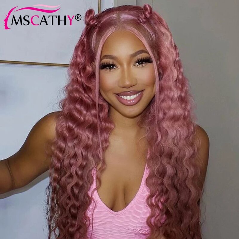 Pelucas frontales de encaje rosa para mujer, cabello humano rizado de onda profunda, cabello humano virgen brasileño, peluca frontal de encaje transparente HD para Cosplay