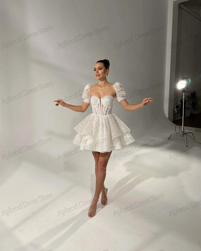 Gaun pernikahan cantik gaun Mini gaun pengantin A-Line Voile jubah lengan Puff pendek 2024 antik Backless Vestidos De Novia