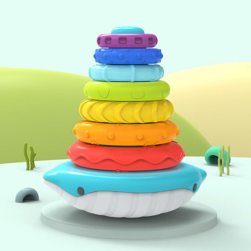 Arco-íris empilhamento círculo brinquedo com 7 anéis empilháveis, aprendizagem precoce, brinquedos sensoriais, desenvolvimento musical, motor fino