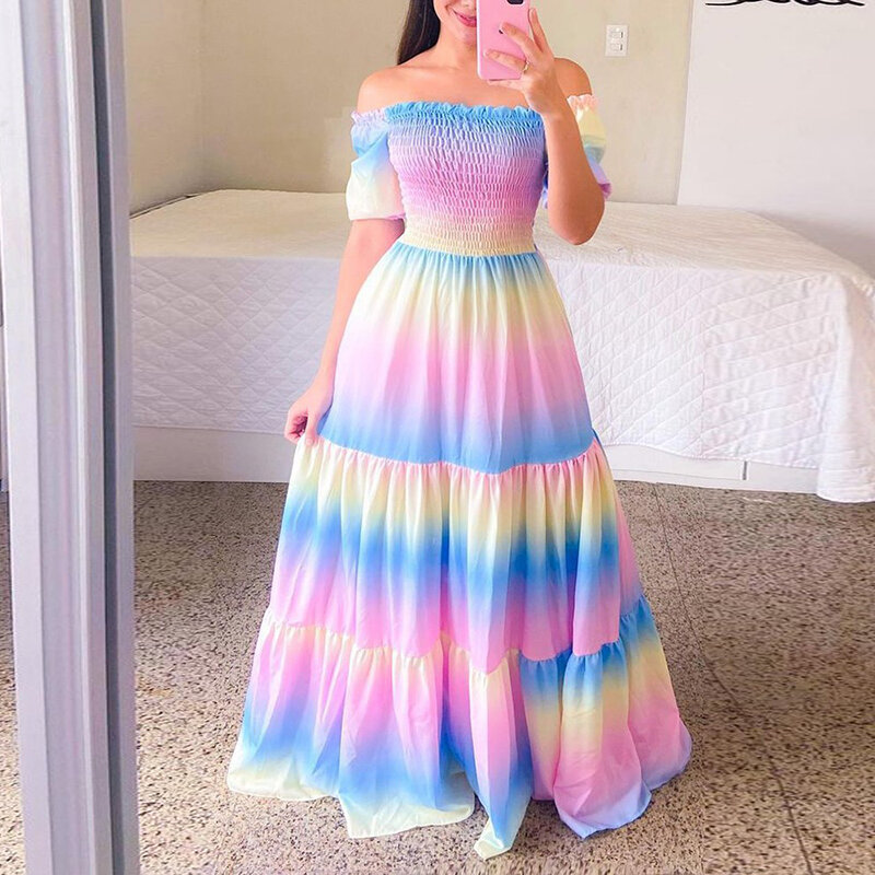 Ladies Elegant Slim Sexy Off The Shoulder Tube Top Dress Butterfly Rainbow Floral Print Dress Summer Bohemian Party Maxi Dresses