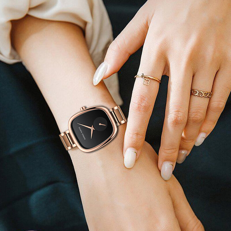 Jam tangan kuarsa wanita baru 2023 jam tangan wanita bentuk Oval gaya minimalis modis Stopwatch hitam emas mawar barel anggur 34mm