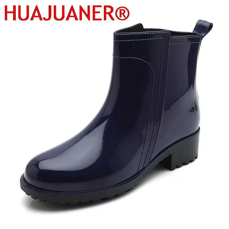 Sepatu bot hujan wanita, sepatu bot Ankle desain merek baru mode musim dingin hak rendah sol karet tahan air