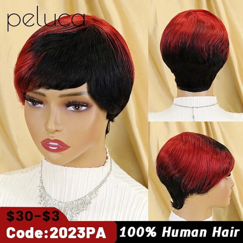 Peluca de cabello humano peruano Remy para mujeres negras, corte Pixie corto con flequillo, pelo liso, 150% sin pegamento, hecha a máquina