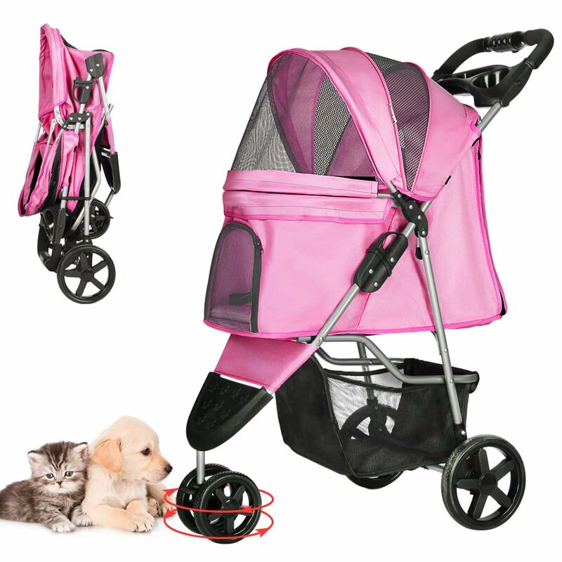 Pink Paw Promenade: cochecito para mascotas para perros medianos/pequeños, de 3 ruedas plegable Jogger, jaula, cesta