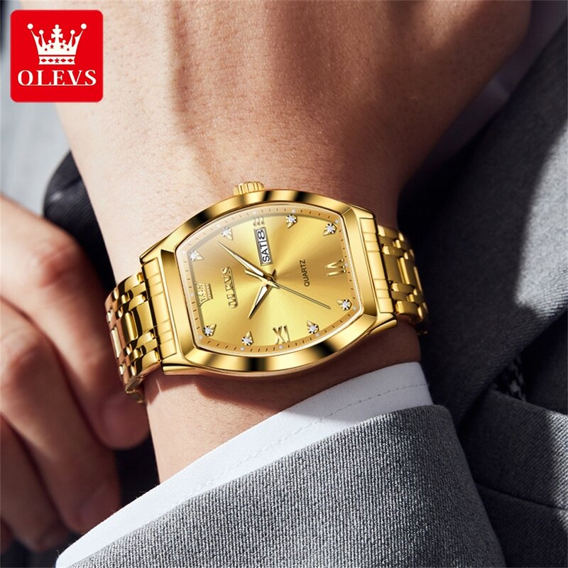 OLEVS-Relógio Quartz Masculino Tonneau Dial Ouro, impermeável calendário duplo, luminoso relógio de pulso masculino, marca de luxo Top