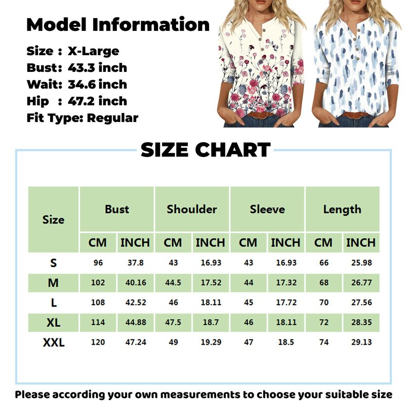 Korean Popular Clothes Ropa De Muje Women'S New Button V-Neck Fashion Print 3/4 Sleeves Retro Print T-Shirt Slim Top Casual Tops