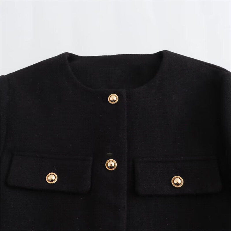 UNIZERA 여성용 라운드넥 플립 장식 짧은 세트 코트, 패셔너블하고 캐쥬얼한 다용도, 2023 겨울 신상품