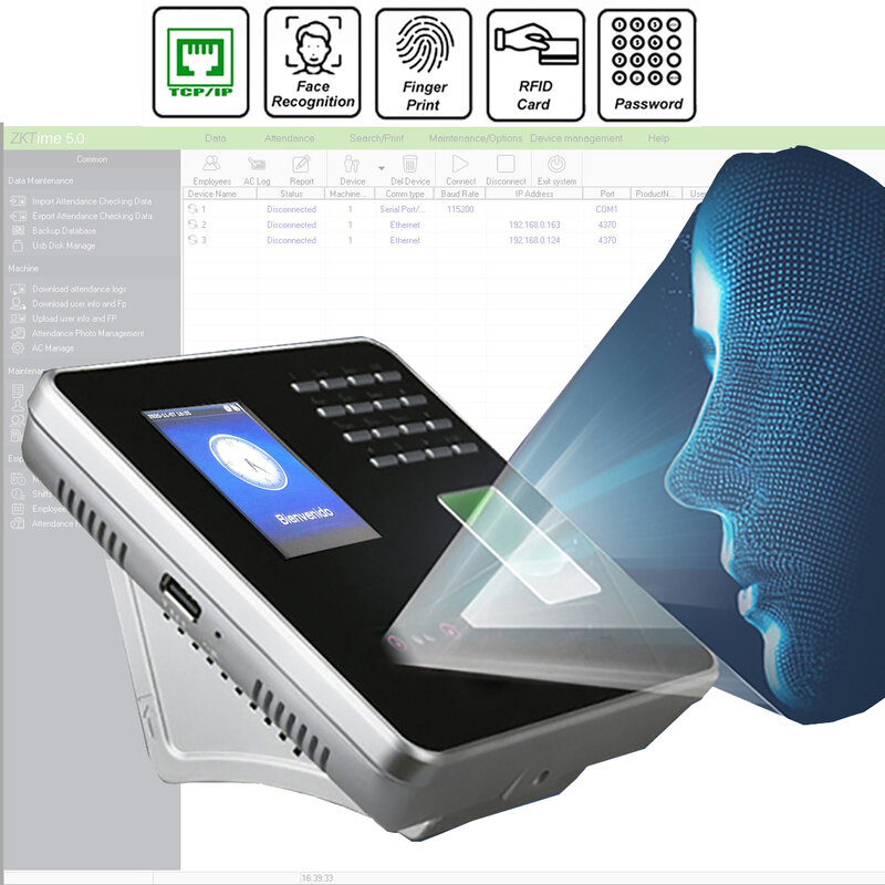 ZKTime 5.0 Tcp/ip Biometric Face Attendance System Fingerprint Time Clock Employee Attendace Management Electronic Device
