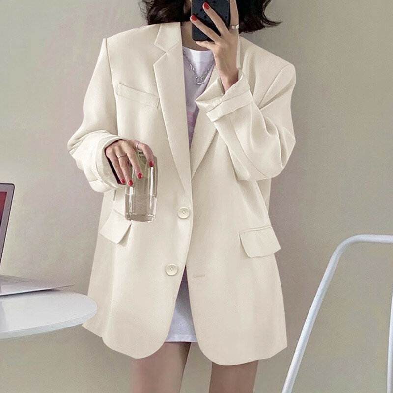 2024 klasik Khaki Single Breasted Blazer longgar untuk wanita pakaian kantor mantel mode setelan dasar jaket wanita Chic pakaian luar
