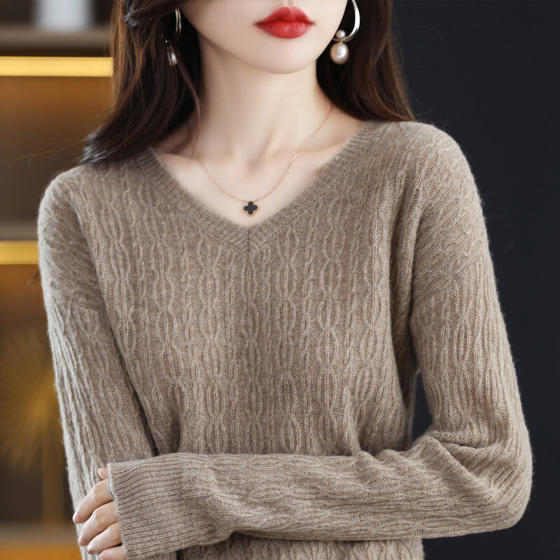 Czysta wełna damska sweter Vneck jesienno-zimowa moda sweter koreański wersja Allmatch luźny, dzianinowy jednolity kolor długa koszula