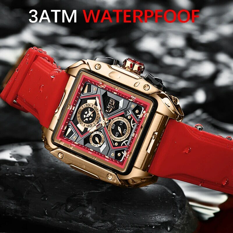 LIGE 남성용 럭셔리 쿼츠 손목시계, 큰 시계, 스포츠 패션, 빨간색 고무 스트랩 시계, 멋진 30m 방수 스켈레톤 시계
