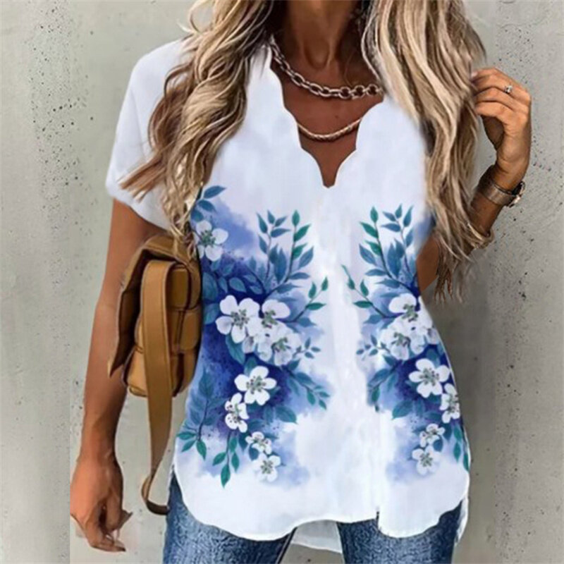 Women's Wave V Neck Pullover Shirt Summer Print Short Sleeve Loose Tops Ladies Elegant Temperament Commuter Daily Casual Blouse