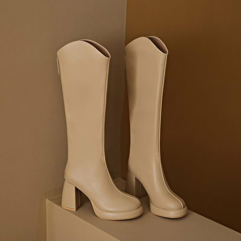 Botas de couro para coxa alta quadrada, botas longas no joelho, salto médio equestre ocidental, sapatos de inverno com zip, tamanho plus 43