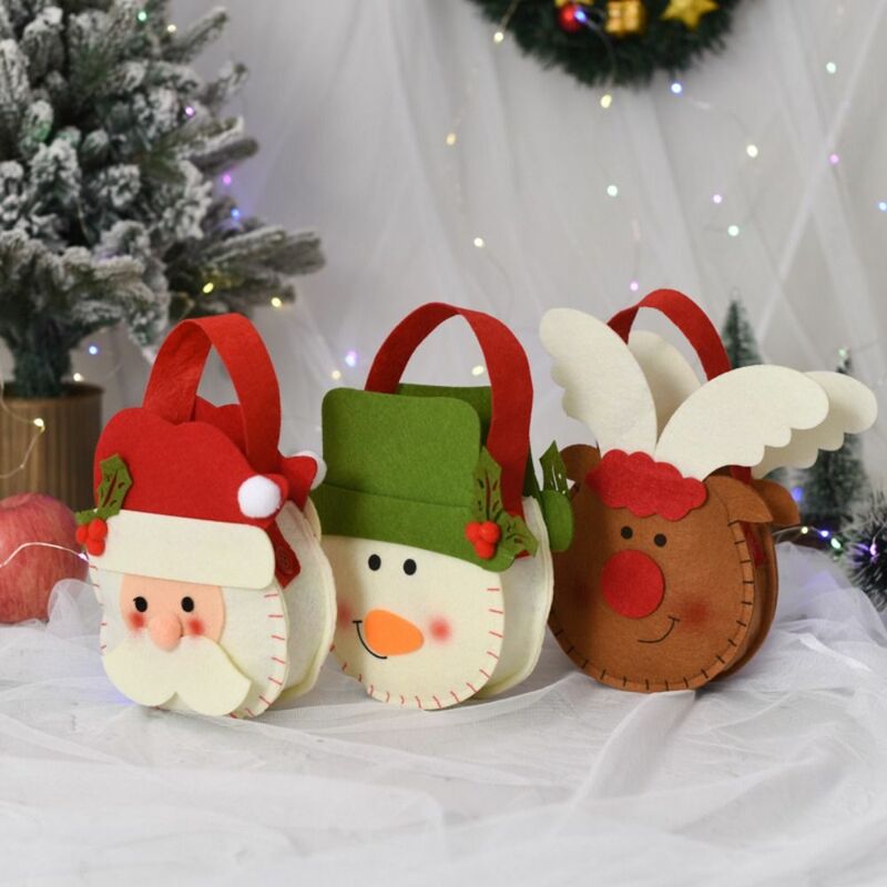 나무 장식 장식 양모 펠트 백, 손잡이가 있는 어린이 크리스마스 선물 가방, 토트백 선물 파우치 캔디 백