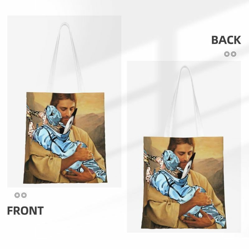 Reutilizáveis JOJO's Unique Adventures Of Polnareff Jesus Shopping Bag Mulheres Ombro Canvas Tote Bag Lavável Mantimentos Shopper Bags