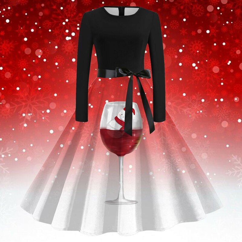 Womens Christmas O Neck Long Sleeve Printed Vintage Swing Dress Cocktail Prom Party Shirt Dress Summer Little Dress for Women