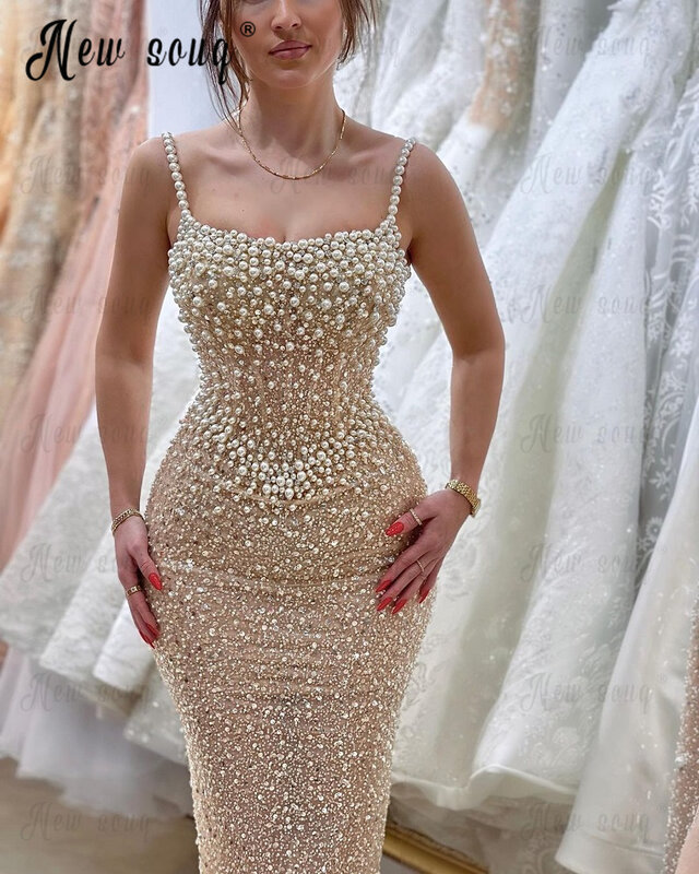 Женское длинное вечернее платье, элегантное платье цвета шампанского с жемчужинами на бретелях-спагетти с квадратным вырезом, 2023