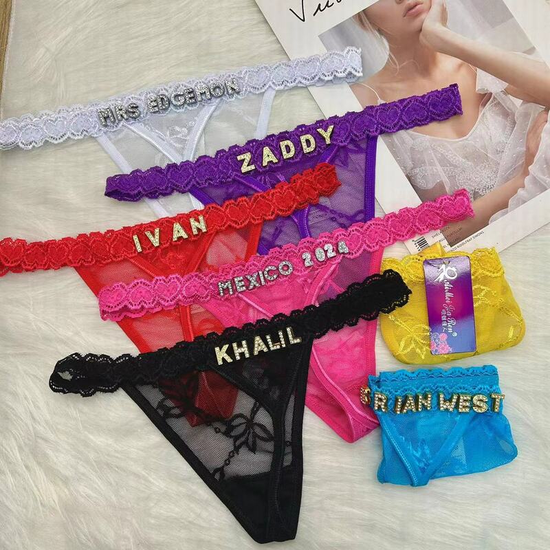 Aangepaste Strings Met Naam Voor Boyfriend Crystal Letter Body Sieraden Vrouwen Sexy Kant Bikini G-String Slipje Valentijnsdag Cadeau