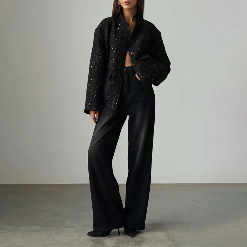 Giacca oversize con paillettes nera donna collezione 2024 moda filo di metallo cappotto manica lunga Bomber giacca collo autunno