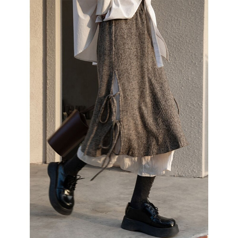 Deeptown-faldas de estética Vintage para mujer, faldas Midi con volantes de Fairycore, marrón, Patchwork elegante, dulce, Kawaii