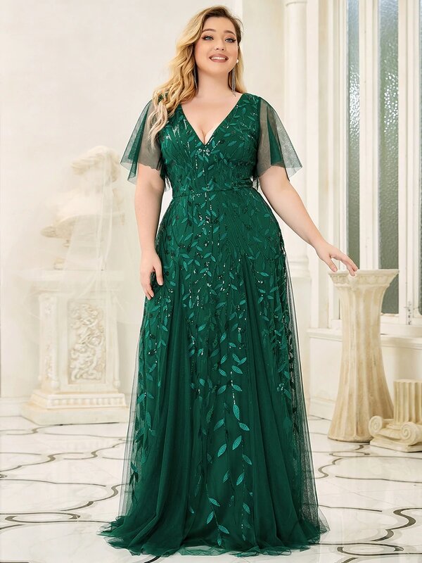Plus Size Abendkleider lange A-Linie tiefe V-Ausschnitt halbe Ärmel bodenlangen Kleid 2024 immer hübsch von Gauzedark grünen Frauen Kleid