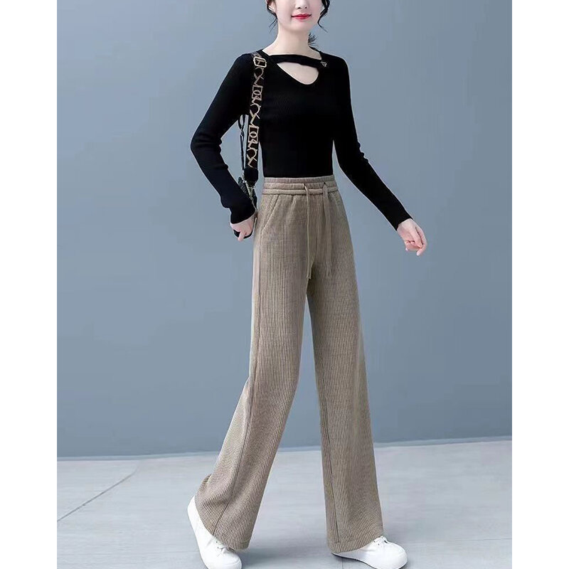 Pantalon en velours côtelé à jambe large pour femme, vêtements assortis pour femme, taille élastique, ajouter du velours, mode décontractée, automne et hiver