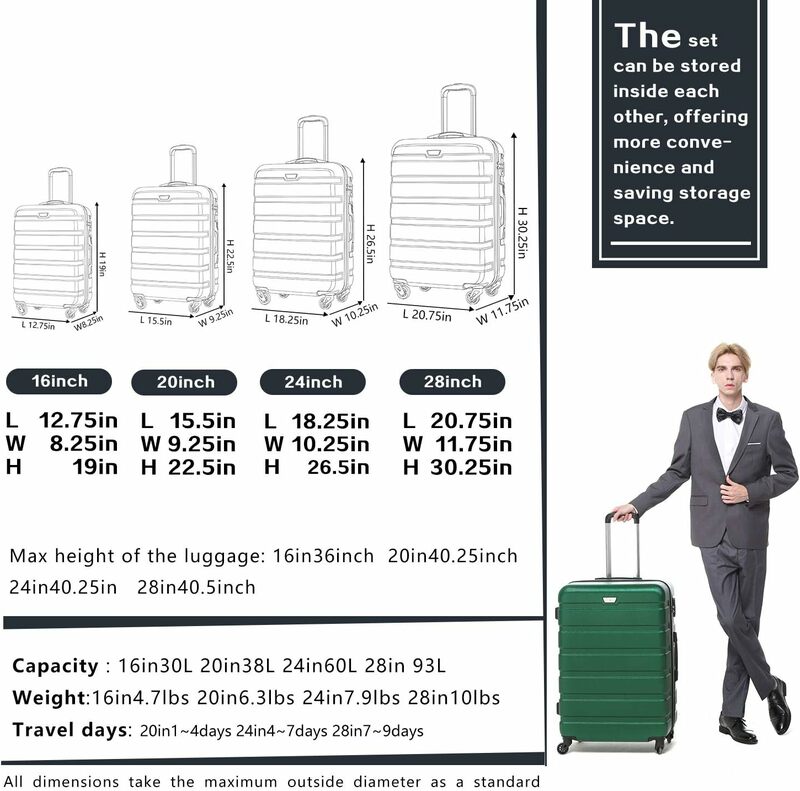 Coolife-Juego de equipaje de 4 piezas, Maleta giratoria, rígida, ligera, cerradura TSA