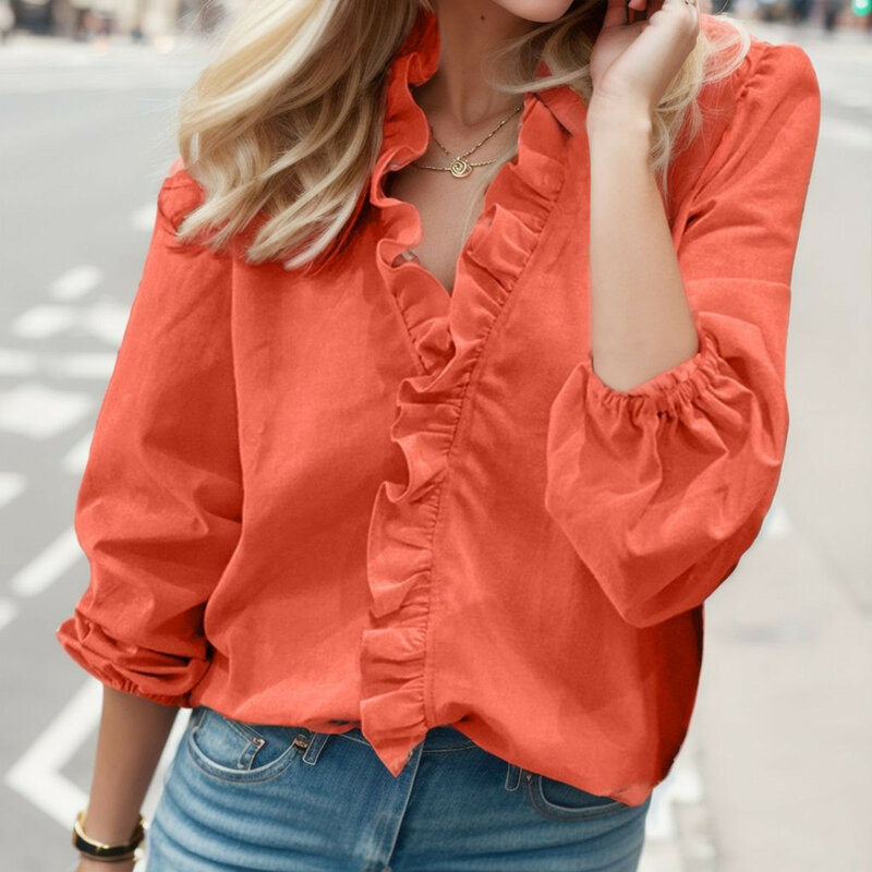Damen hemd elegante Rüschen schlanke Hemd Mode Brief gedruckt feste Farbe Bluse Hemd V-Ausschnitt vielseitige Pendler Bluse