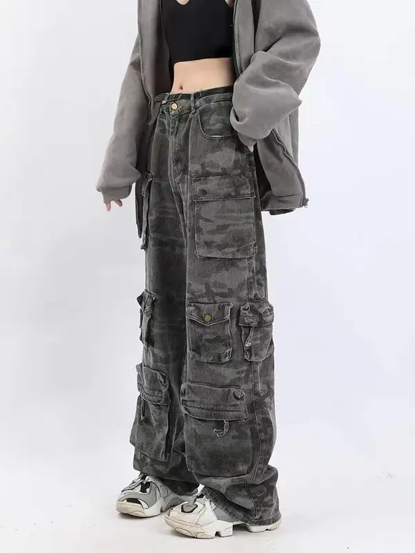 Jeans kamuflase jalanan Retro 2023 overall gaya Amerika jalanan goreng hip-hop wanita celana kasual kaki lebar Y2K
