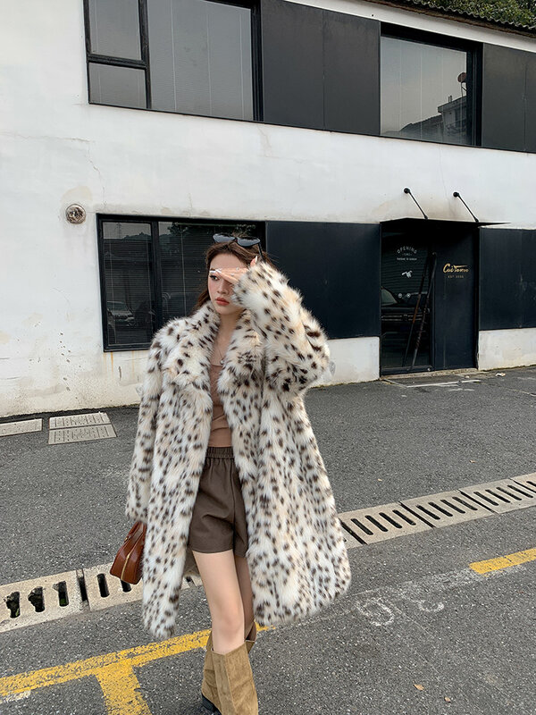 Fur Coat Women's Thickened Warm Leopard Print Fur Fashion Loose Mid-Length Imitation Fox  Leopard Print Lapel  Autumn and Winter