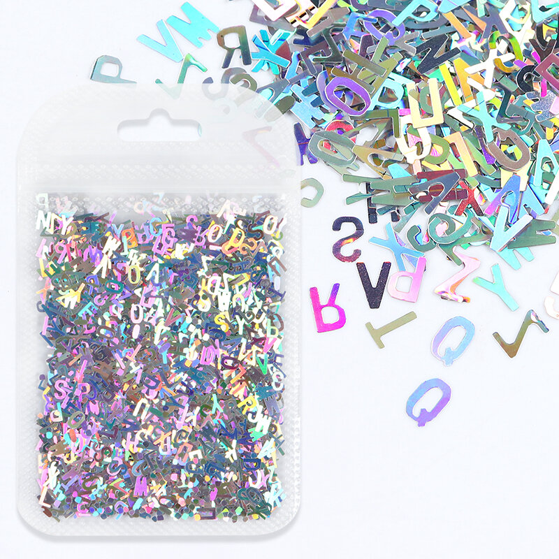 Purpurina holográfica para decoración de uñas, copos del alfabeto inglés, letras láser de resina epoxi, lentejuelas brillantes, bricolaje, 10g por bolsa