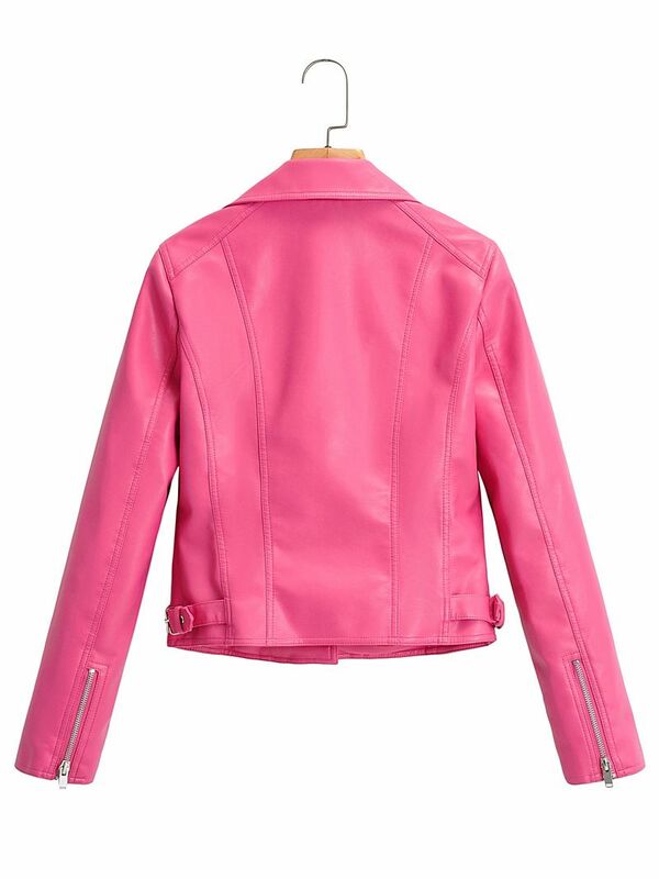 女性のためのピンクの革のジャケット,秋と冬のためのエレガントな革のジャケット