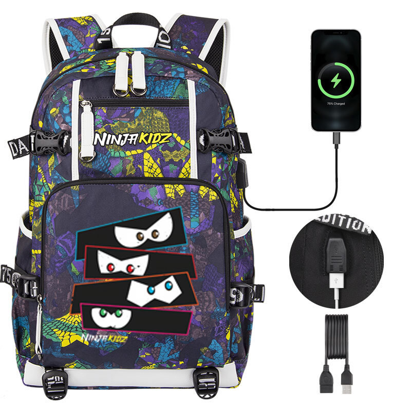 닌자 키즈 배낭 남아 여아 학교 가방, 만화 닌자 키즈 대용량 학교 배낭, 패션 USB 노트북 가방