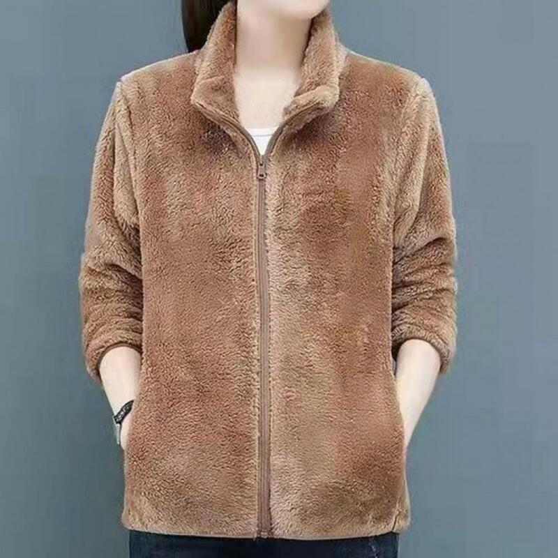 Women Winter Fall Coat Thickened Coral Fleece Women Coat Zipper Closure Stand Collar Neck Protection Cardigan Lady Jacket