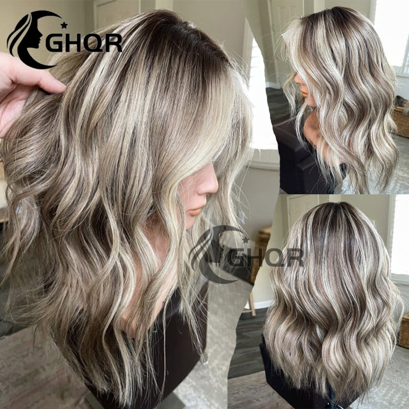 Highlight Ash Brown Blonde Human Hair Full Lace Wigs Transparent Pre Placked Swiss 360 Lace Frontal Human Hair Wigs Dark Roots