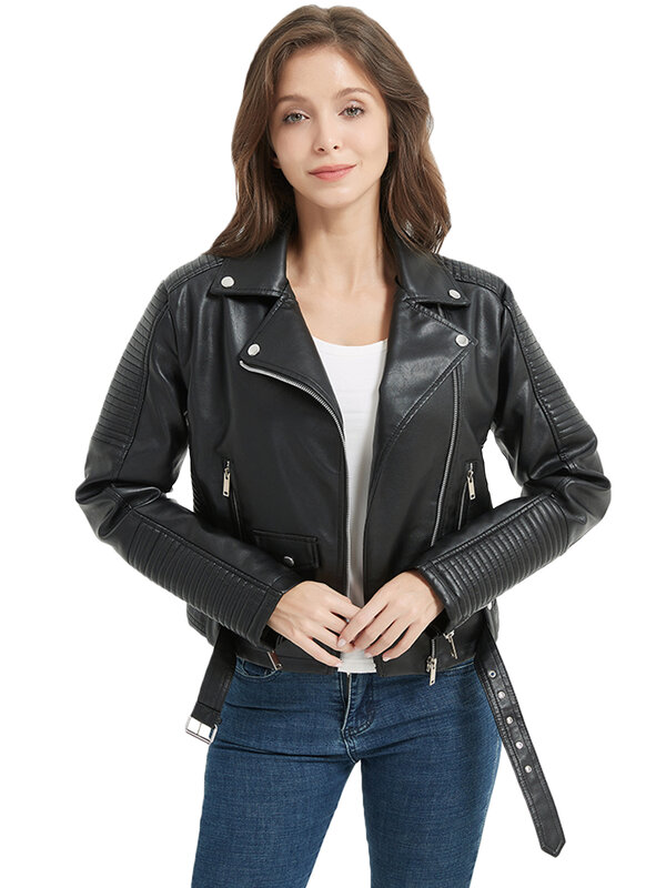 FTLZZ Women Faux PU Leather Jacket High Street Lapel Zipper Leather Coat Casual Lady Black Outwear