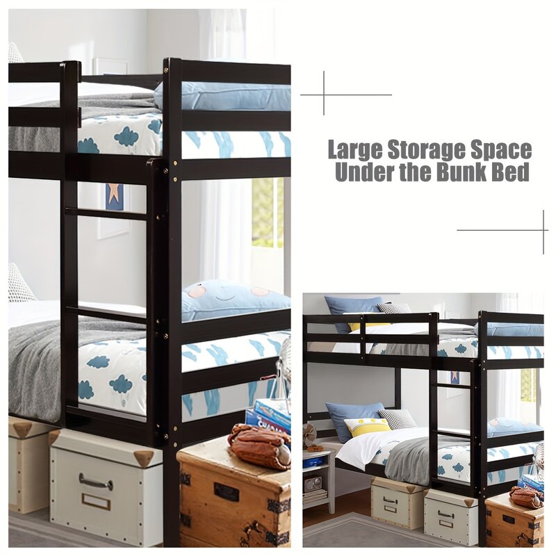1 buah tempat tidur kembar hemat ruang-Over-Twin Bunk-pinus Solid dengan tangga kokoh & rel pengaman panjang penuh, Ideal untuk alat kamar tidur anak-anak