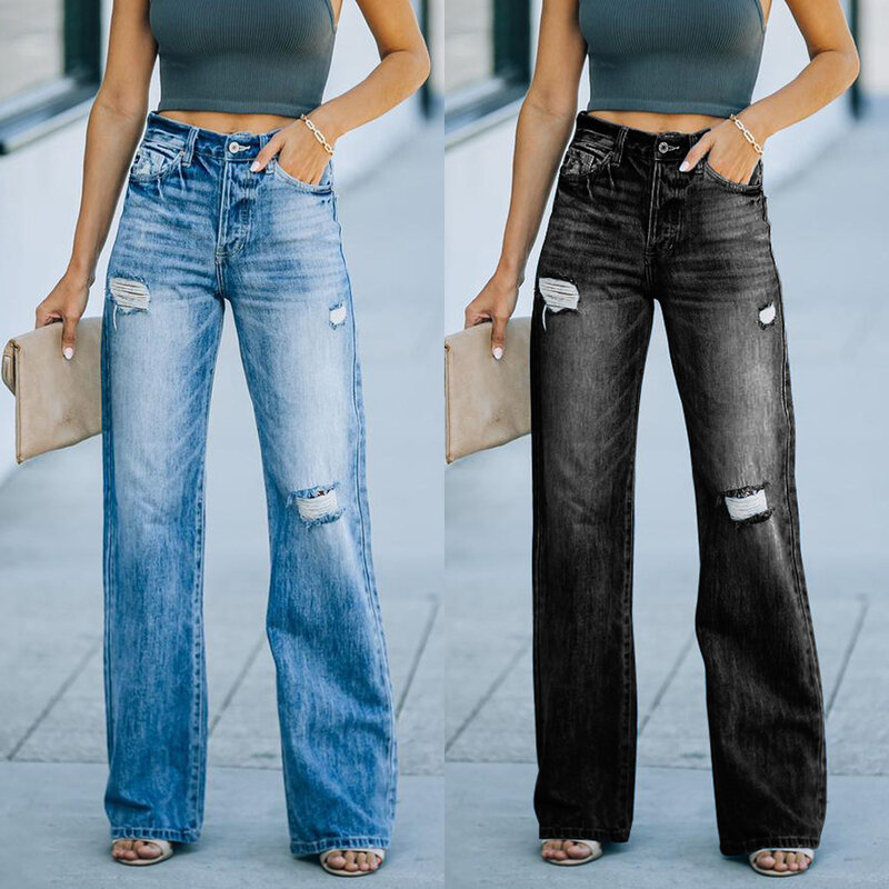 Celana lurus wanita, Jeans biru untuk wanita celana panjang Denim pinggang tinggi Y2k longgar kasual musim semi musim gugur 2024